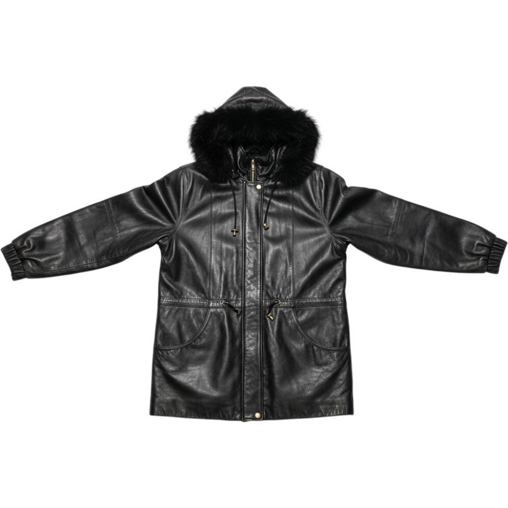 Worthington Black Lambskin Leather Parka Fox Fur Trim Hood Jacket Coat 260-7561
